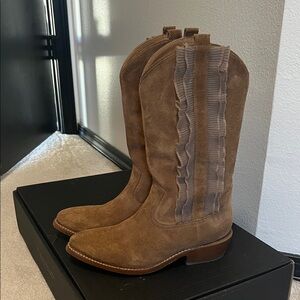 Frye Tan Suede Heeled Boots with Ruffle Detail